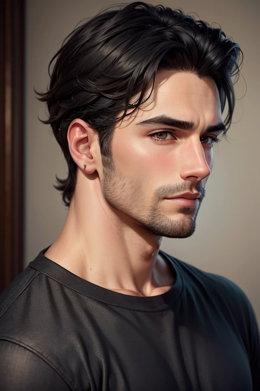 Masterpiece high quality high details realistic face ultra realistic face handsome guy with small black hair and little beard wearing black shirt and jeans and face profile