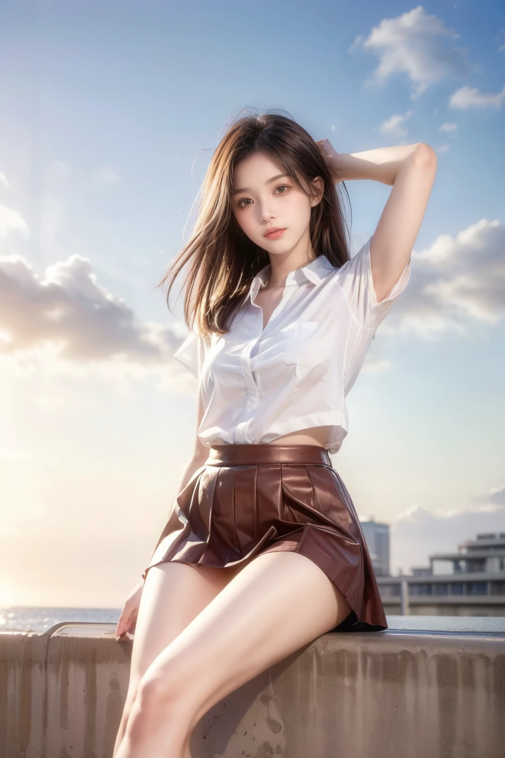 (highest quality, High resolution, masterpiece :1.3), (Shooting from below), Beautiful girl, Orange sunset sky, Sun and clouds with ocean in the background, Cute girl in . Short Bob. Short pleated skirt, Blushing, looking at the camera, Dynamic photography,Intelligent face,Bold Pose.Sitting on the embankment,arms up behind
