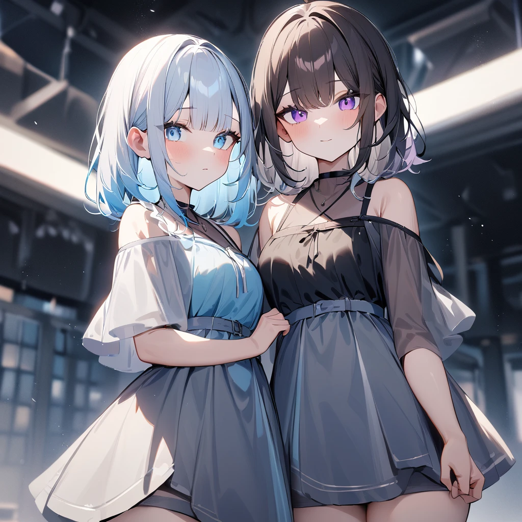 {{2girls}},masterpiece,best quality,very aesthetic,absurdres,cowboy shot,lightcolor,darkcolor,light hair,dark hair,White hair,light blue hair,light blue eyes,Lovely,🏩,translucent hair,dark purple eyes,headless