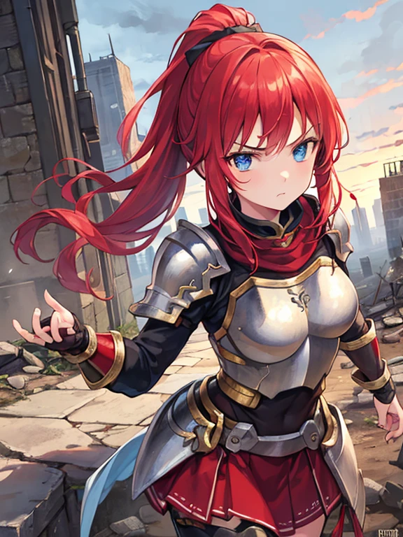 (8k, highest quality, Tabletop:1.2)、Ultra-high resolution, Fantasy world view, One -yeld gi Perfect Fingers, Detailed face, Serious face, blue eyes, Red hair, ponytail,Silver armor, Gauntlet, Iron Skirt, Iron Leg Guards, In the ruined city, The dust rises, dim, carry a sword on one's waist, Arms crossed, upright