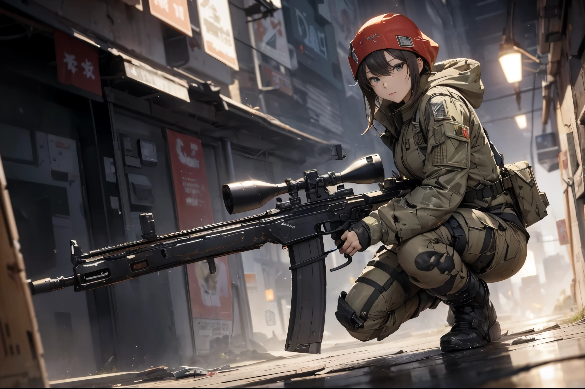 masterpiece, Nod, Goddess of victory character, (Battle Android Model), Female character android, (Wear it by jacking it with a strap, cargo pants, Military vest), (Have a weapon), Action pose, Battle Damage, (appear (Damaged:1.5) electricity (Android Parts:1.3)), (wallpaper, Screensavers)
