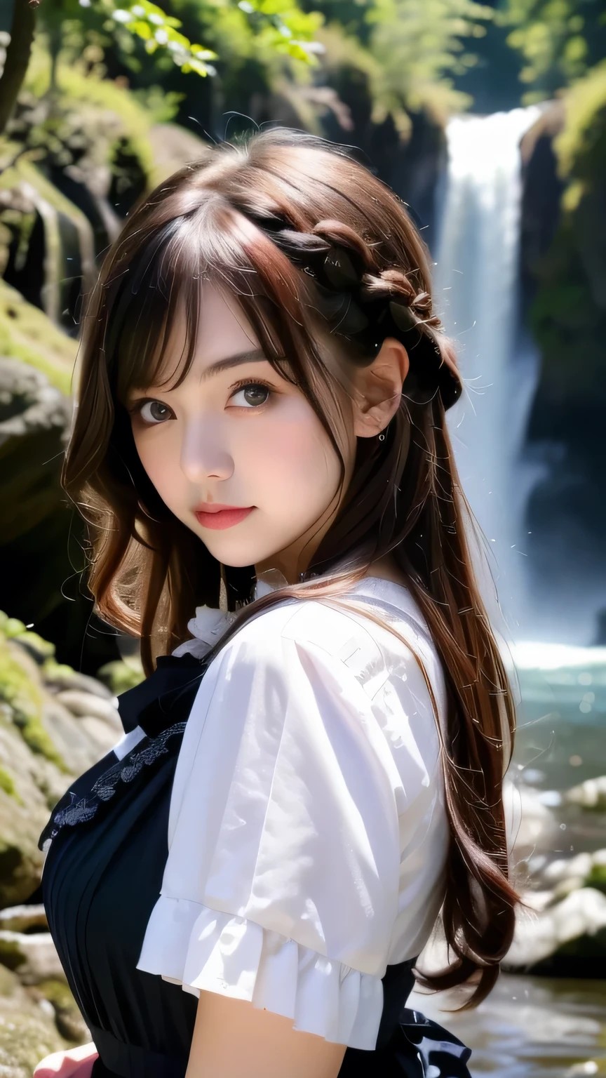 Beautiful woman with red hair and bright dark eyes, Wear elegant clothes, Complex details, moderate, watercolor, splash､Gothic ****ta, Upper Body, RAW Photos, Realistic, 4K/8K clear photo of a woman standing in front of a forest and a large waterfall, (Upper Bodyのポートレート), (iris), Super detailed, detaileds, Dramatic Light, Beautiful eyes in every detail, detaileded skin, Written boundary depth, RAW Photos, Full resolution, High resolutionの肌, detailed, Sharp focus, High resolution, High quality photos, masterpiece, 最high quality, high quality, High resolution, Dark Gothic ****ta, Upper Bodyのポートレート, (Braided hair)、