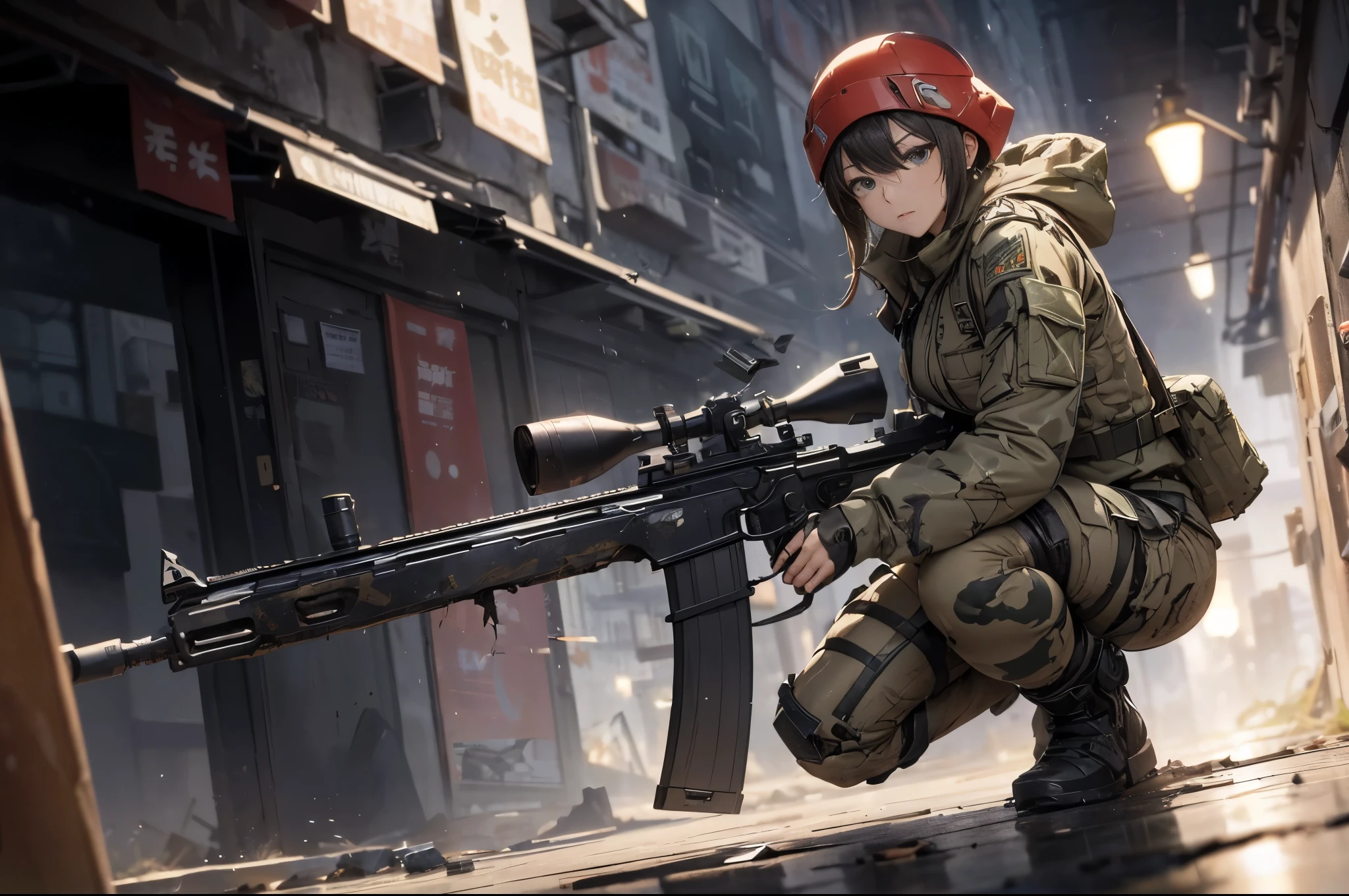 masterpiece, Nod, Goddess of victory character, (Battle Android Model), Female character android, (Wear it by jacking it with a strap, cargo pants, Military vest), (Have a weapon), Action pose, Battle Damage, (appear (Damaged:1.5) electricity (Android Parts:1.3)), (wallpaper, Screensavers)