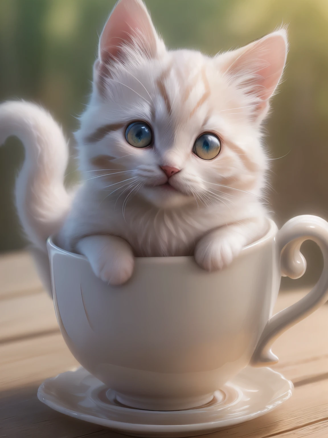 (highest quality,4K,8k,High resolution,masterpiece:1.2),Super detailed,(Realistic,Realistic,Photorealistic:1.37),Sculpture:1.37,Northern,South,Multiverse,Diverse landscapes,Natural Beauty,Ceramic craftsmanship,Glassy Surfaces,Cute tea cup((Mixed breed white and brown kitten))、Flickering flames,Art Gallery