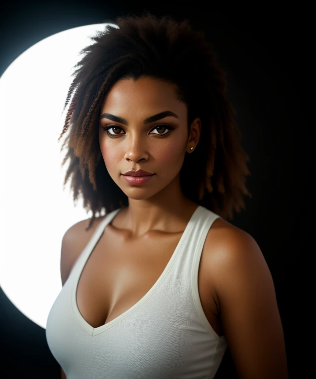 blkmndy mixed race woman, agression, flirt with the camera, texture naturelle de la peau, lumière douce hyper réalisme, portrait en gros plan photo par Annie Leibovitz, film, studio lighting, detailed skin, ultra realistic, Bokeh, sharp feature