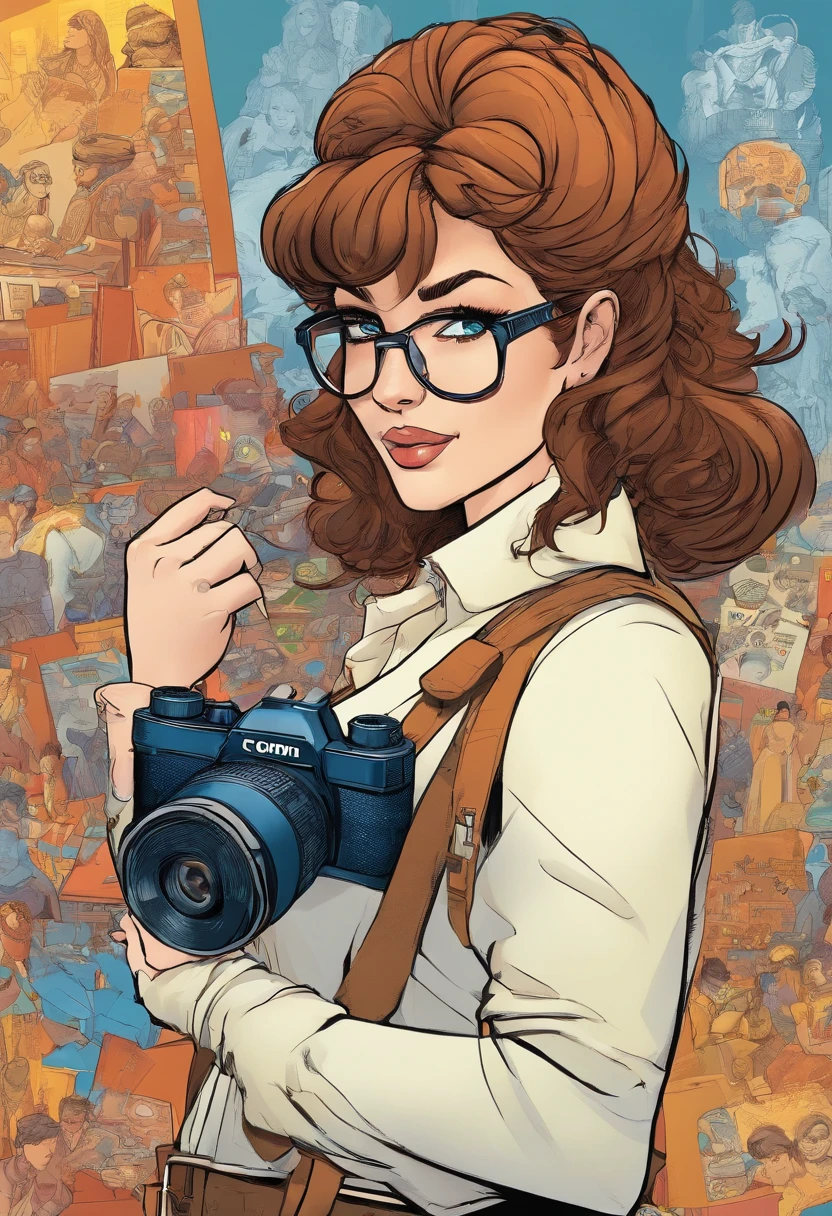 Fat girl, glasses, blue eyes, Brown short hair, camera