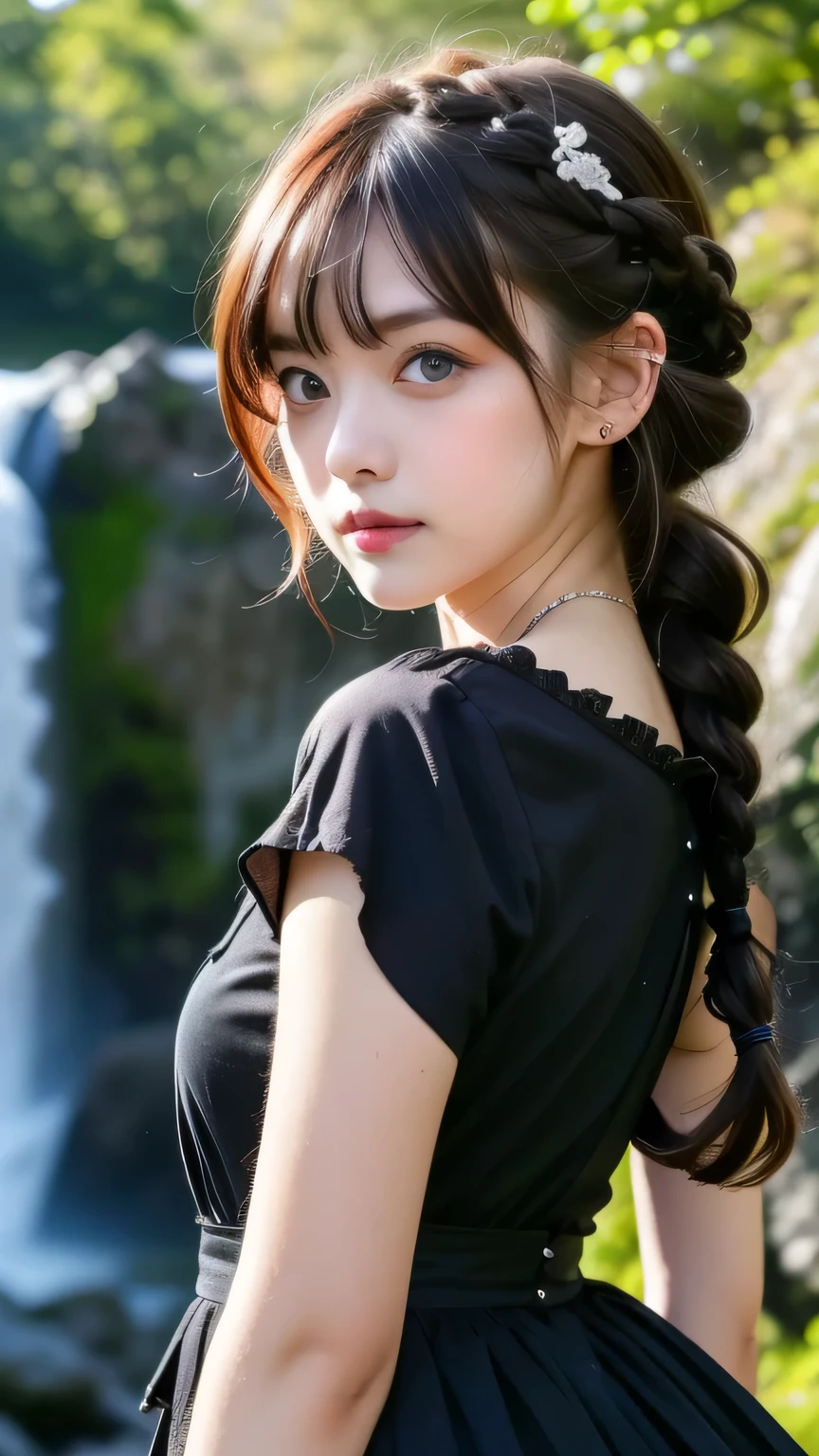 Beautiful woman with red hair and bright dark eyes, Wear elegant clothes, Complex details, moderate, watercolor, splash､Gothic Lolita, Upper Body, RAW Photos, Realistic, 4K/8K clear photo of a woman standing in front of a forest and a large waterfall, (Upper Bodyのポートレート), (iris), Super detailed, detaileds, Dramatic Light, Beautiful eyes in every detail, detaileded skin, Written boundary depth, RAW Photos, Full resolution, High resolutionの肌, detailed, Sharp focus, High resolution, High quality photos, masterpiece, 最high quality, high quality, High resolution, Dark Gothic Lolita, Upper Bodyのポートレート, (Braided hair)、