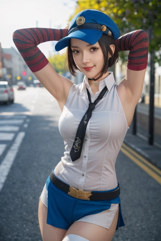 ((best quality)),((highly detailed)),masterpiece,absurdres,detailed face,beautiful face,(detailed eyes, deep eyes),1girl,((dynamic pose)), marie persona 4, wearing marie outfit from persona 4,short hair, solo, bow, large breasts, cowboy shot, center town, outdoors, seductive smile, looking at viewer, wearing hat, put your hands behind your head, armpits, armpits visible, sweaty armpits, wearing sleeve