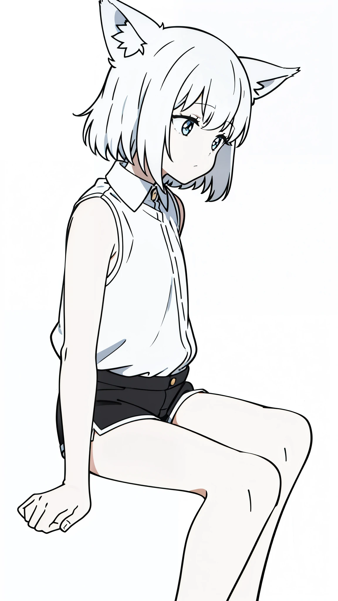 (1girl,8 years old),solo,sleeping,,white hair,short hair,fox ears,white shirt,sleeveless,black shorts,(white background,line drawing),from back
