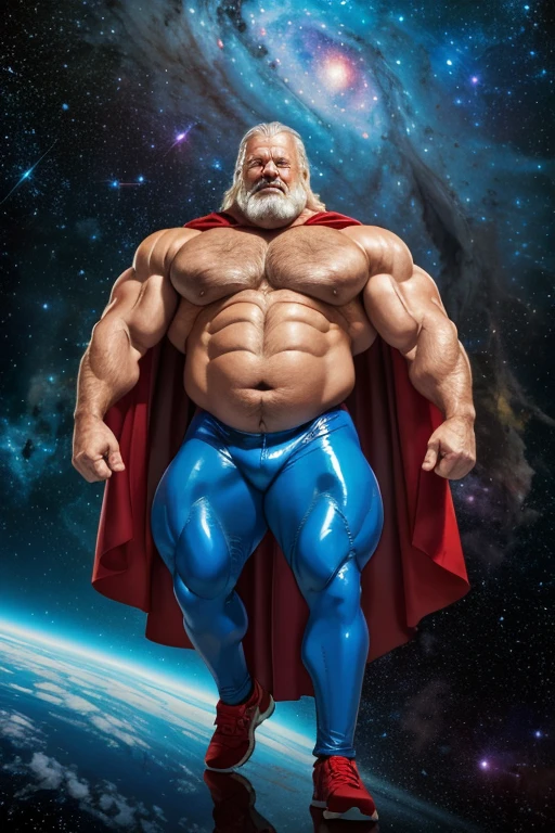  angry old swedish superhero very long gray hair super heavy bodybuilder flexing his muscles A full body obese bodybuilder with a very sweaty body An extremely muscular and extremely fat old man over 70 years old weighing over 600 pounds Very muscular and very hairy with big sagging pectorals with dark nipples and floating gynecomastia I walk in outer space with a nebula in the background wearing a very tight blue latex suit with a red cape 