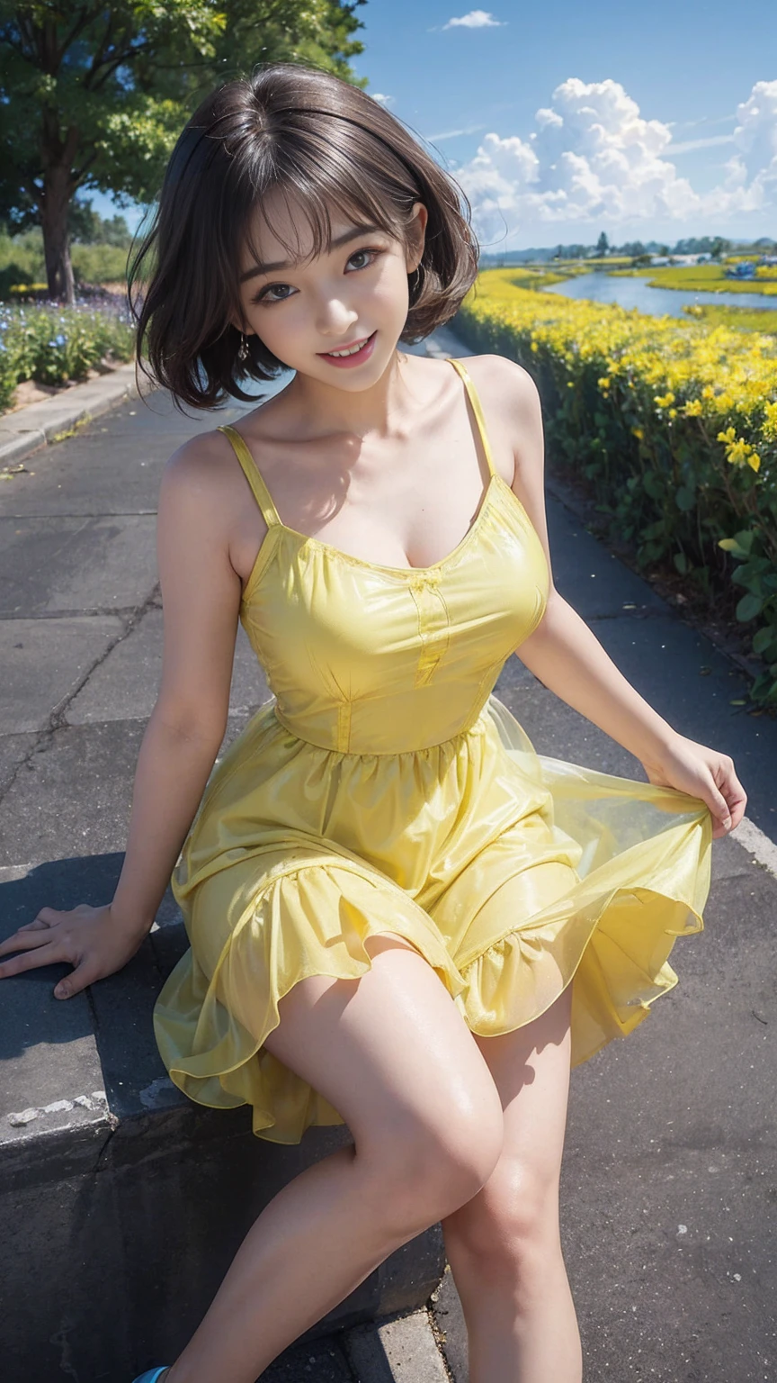 ((highest quality, 8,000 people, masterpiece:1.3)), 27 year old sexy woman、concentrated: 1.2, B West, Perfect body beauty: 1.4, ((Layered Haircut:1.2)), (orbit), Highly detailed face and skin texture, White skin, whole body, Take a look at it, ギャップはbig., ,beautiful medium-sized breasts, smile, Beautiful Teeth, The background is blue sky with clouds breaking, (Yellow translucent dress), (Wearing a short sleeveless dress)、Layout from above the knee、(big, Round eyes and face)、What a lovely smile
