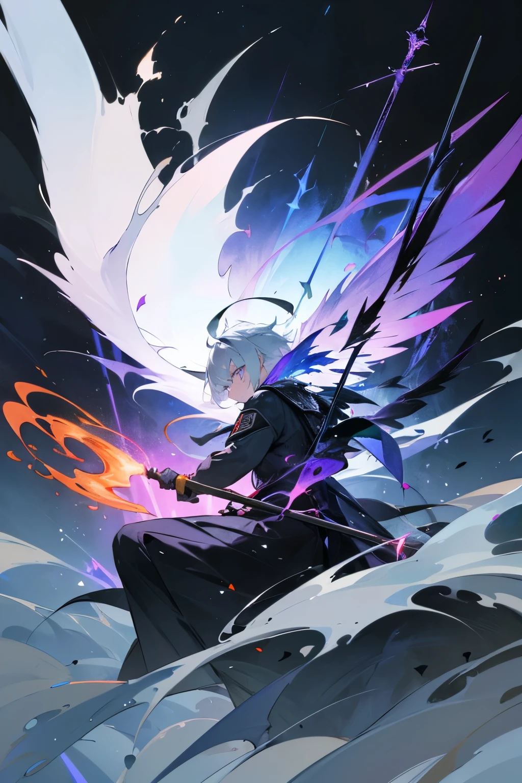(8k, best quality, masterpiece:1.2),(best quality:1.0), (ultra highres:1.0), watercolor, arknights sankta, shoulder, half body portrait, pastel colors, (ink:1.3), male, holding magic staff with 4 colors, broken black wings, blue white eyes, white hair, dim wings, dim dark halo, dark background, more fire, wind, more earth, water, fire tornado, mountains, boy, colorful magic staff, a lot of colors on weapon, black halo, disconnected wings, fractured wings, has mechanical fire wisp, has mechanical wind wisp, has mechanical earth wisp, has mechanical water wisp, tall male, intimidating male