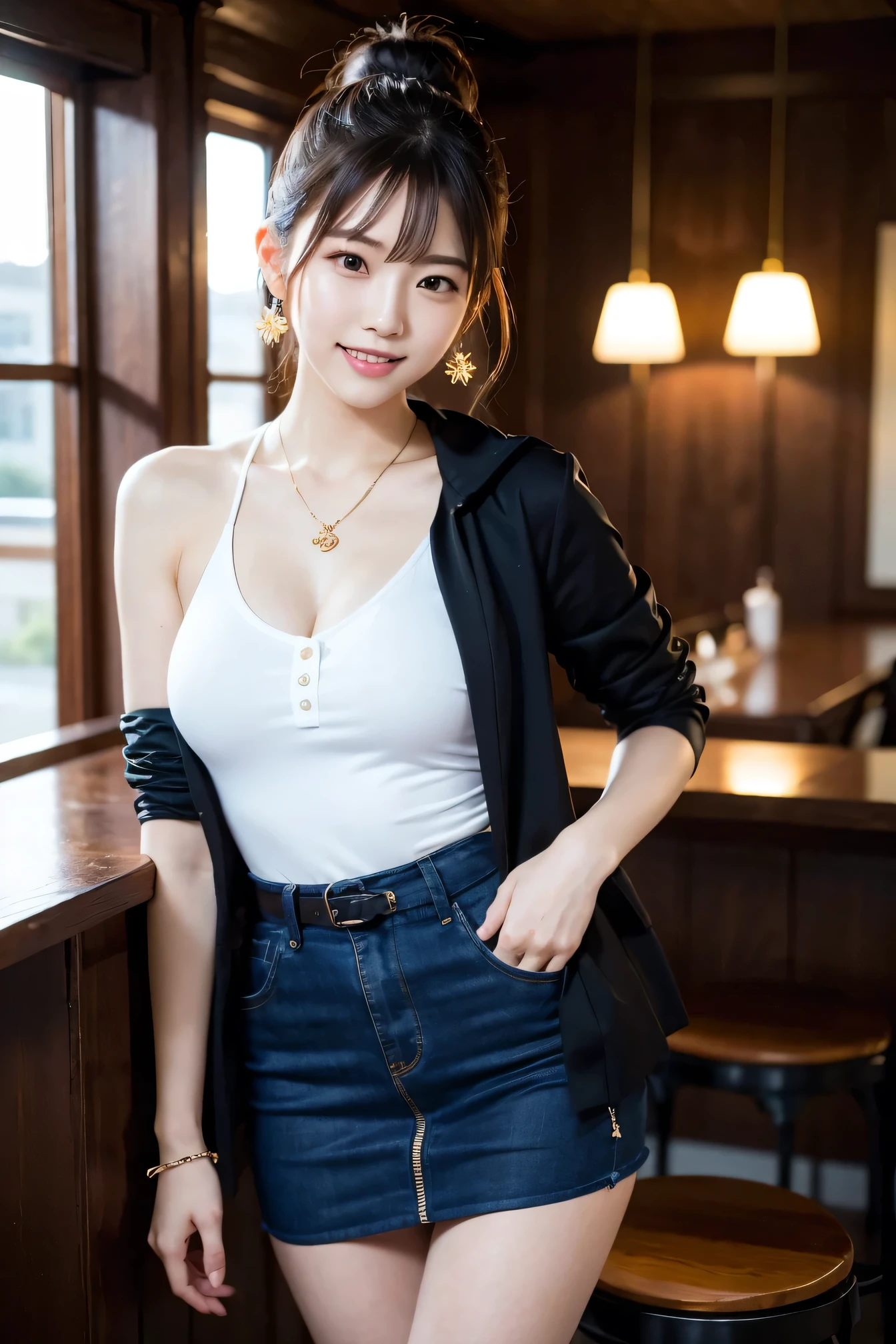 delicate, masterpiece, Beautiful detailed, colorful, Fine detailed, detailed, detailed, Big Breasts, 1 female, (Beautiful 20 year old Korean woman: 1.1), (K-Pop Idols, Korean Mix), (50mm Sigma f/1.4 ZEISS Lenses, f1.4, 1/800s, ISO100, photograph: 1.1), (ponytail + blonde: 1.2), Realistic: 1.4), (spy: 1.2), (Dark blue open jacket, shirt, skirt, tie, Black Pantyhose, Christian Louboutin \ (brand\): 1.3), Earrings, necklace, Bracelet, (Shoulder strap: 1.2), (Beautiful feet, Tall Woman, skinny, Thin legs, Thigh Gap, model: 1.2), Lens flare, Happy smiling face from the front: 1.1), Dynamic pose, (make: 1.2), Sit on a bar stool, Nogizaka Idol, Korean Idol, actress, Idol Sculpture, Underarm, Arms crossed, Android