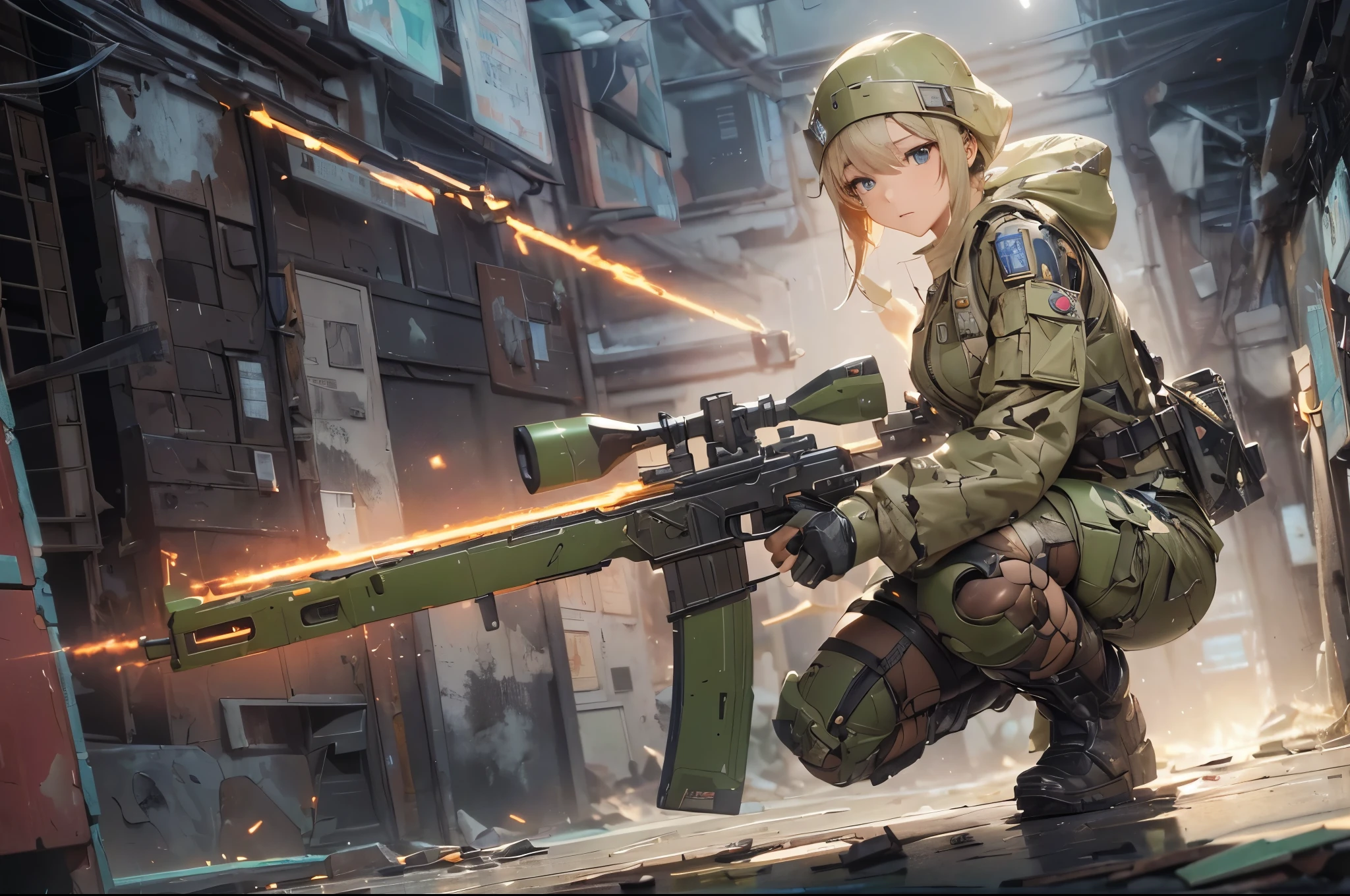 masterpiece, Nod, Goddess of victory character, (Battle Android Model), Female character android, (Wear it by jacking it with a strap, cargo pants, Military vest), (Have a weapon), Action pose, Battle Damage, (appear (Damaged:1.5) electricity (Android Parts:1.3)), (wallpaper, Screensavers)
