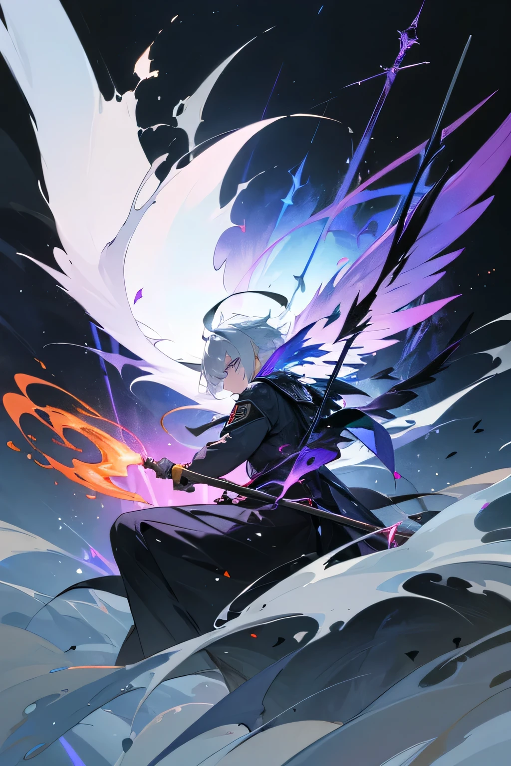(8k, best quality, masterpiece:1.2),(best quality:1.0), (ultra highres:1.0), watercolor, arknights sankta, shoulder, half body portrait, pastel colors, (ink:1.3), male, holding magic staff with 4 colors, broken black wings, blue white eyes, white hair, dim wings, dim dark halo, dark background, more fire, wind, more earth, water, fire tornado, mountains, boy, colorful magic staff, a lot of colors on weapon, black halo, disconnected wings, fractured wings, has mechanical fire wisp, has mechanical wind wisp, has mechanical earth wisp, has mechanical water wisp, tall male, intimidating male