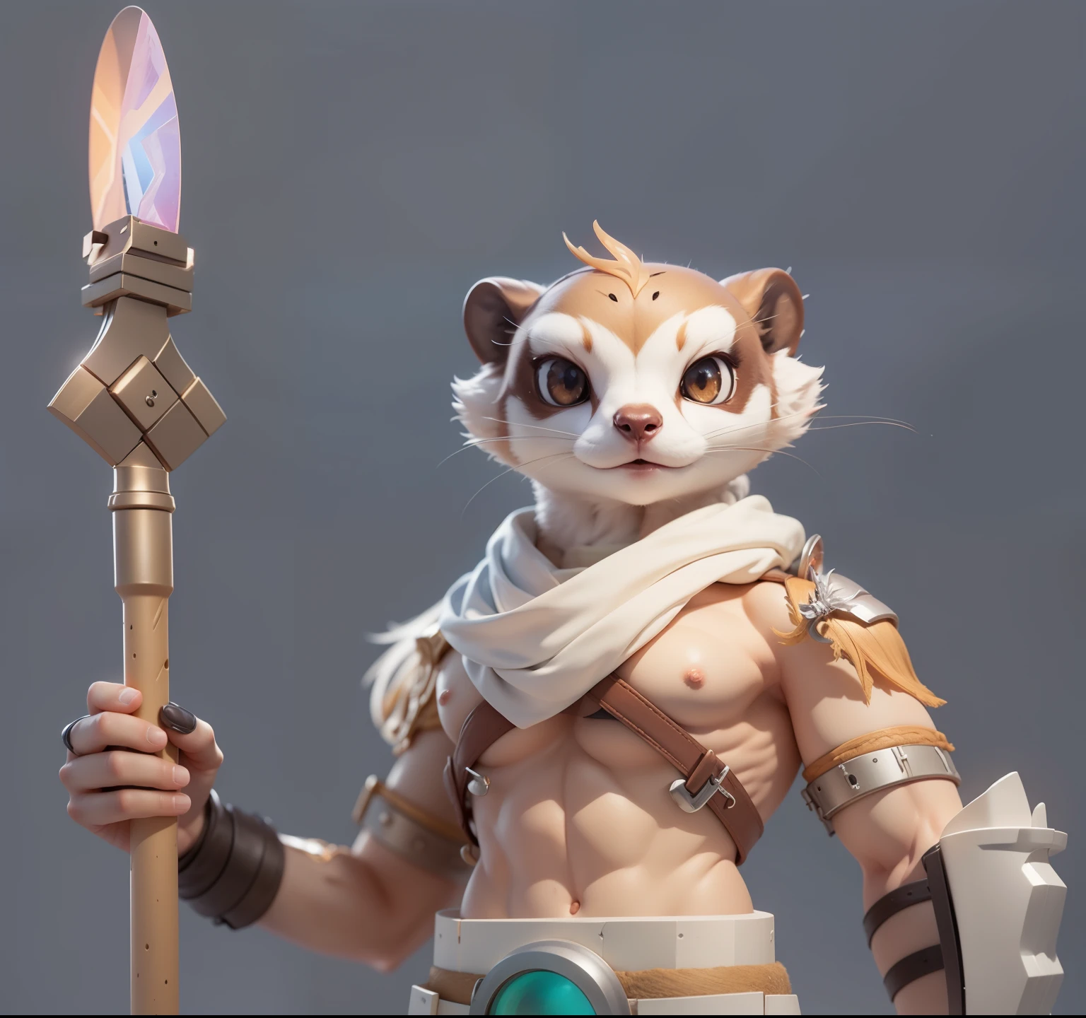 （Meerkat，Hair，White scarf，Belts around chest and arms，Holding metal bone weapon，Metal Armor）Refinement，European and American cartoons，of lights,Clear structure（8K，Optimal quality，masterpiece：1.2），Ultra Detailed，Optimal quality，Ultra-high resolution，专业illumination，Photon Mapping，Radiosity，Physically Based Rendering，illumination，Depth of Field,Clear focus,Sunlight,Well composed,(Ulzzang-6500:1.2) Mix 4, hiqcgbody，