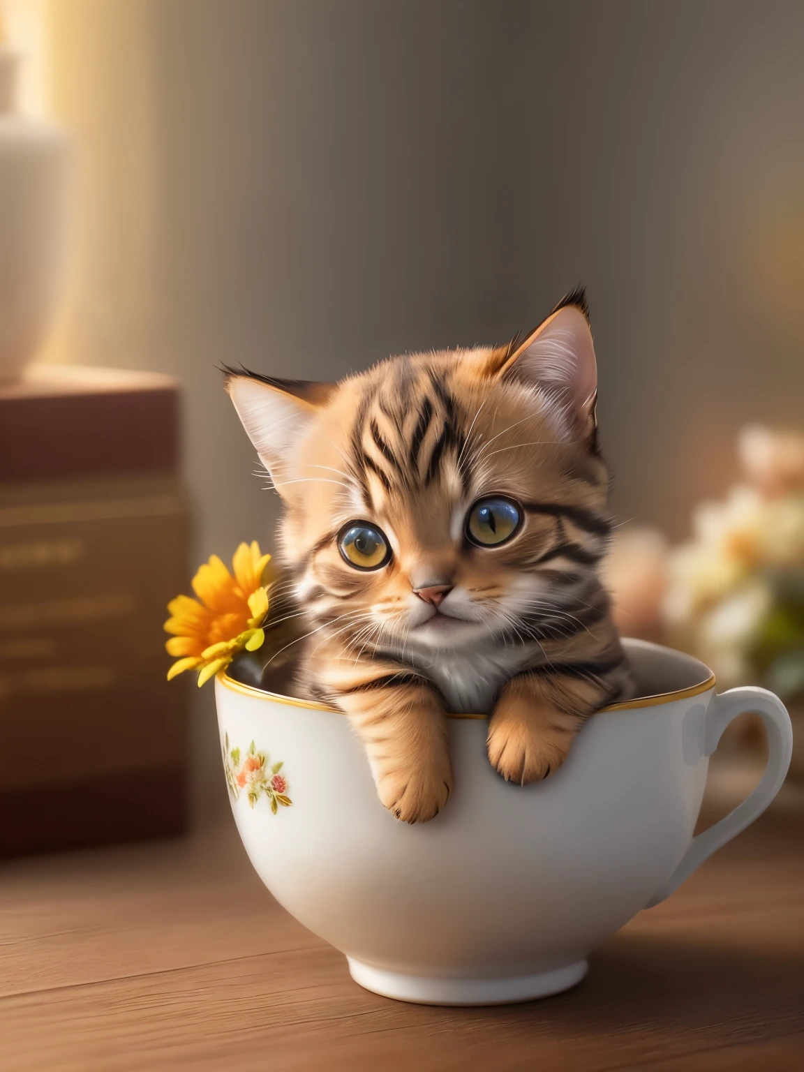 (highest quality,4K,8k,High resolution,masterpiece:1.2),Super detailed,(Realistic,Realistic,Photorealistic:1.37),Sculpture:1.37,Northern,South,Multiverse,Diverse landscapes,Natural Beauty,Ceramic craftsmanship,Glassy Surfaces,Cute Teacup Mixed Breed Brown Tabby Kitten,Flickering flames,Art Gallery
