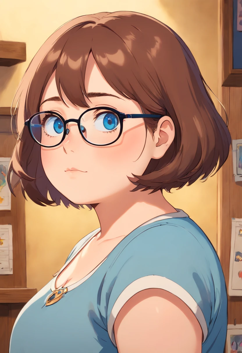 Fat girl, glasses, blue eyes, Brown short hair, pixar style 