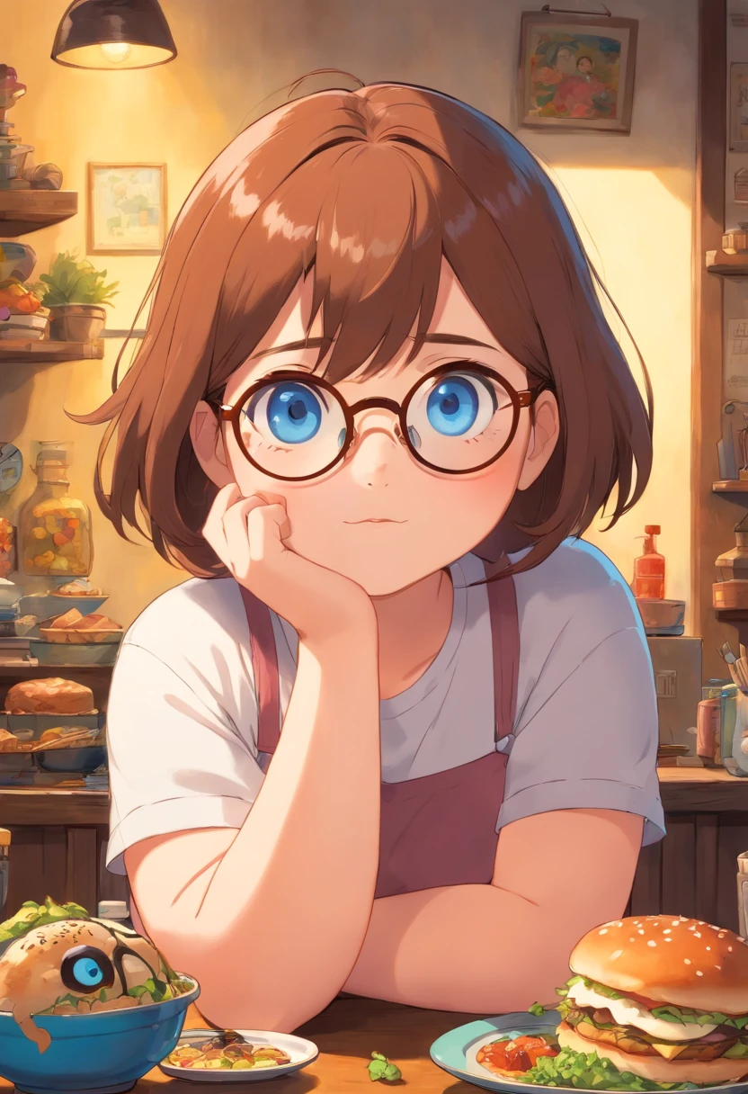 Fat girl, glasses, blue eyes, Brown short hair, pixar style