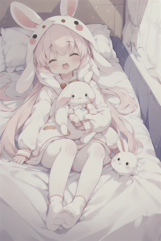 1girl, tiny rabbit stuffed, kigurumi, albino, close eyes, :3, sleepeace, marshmallow bed