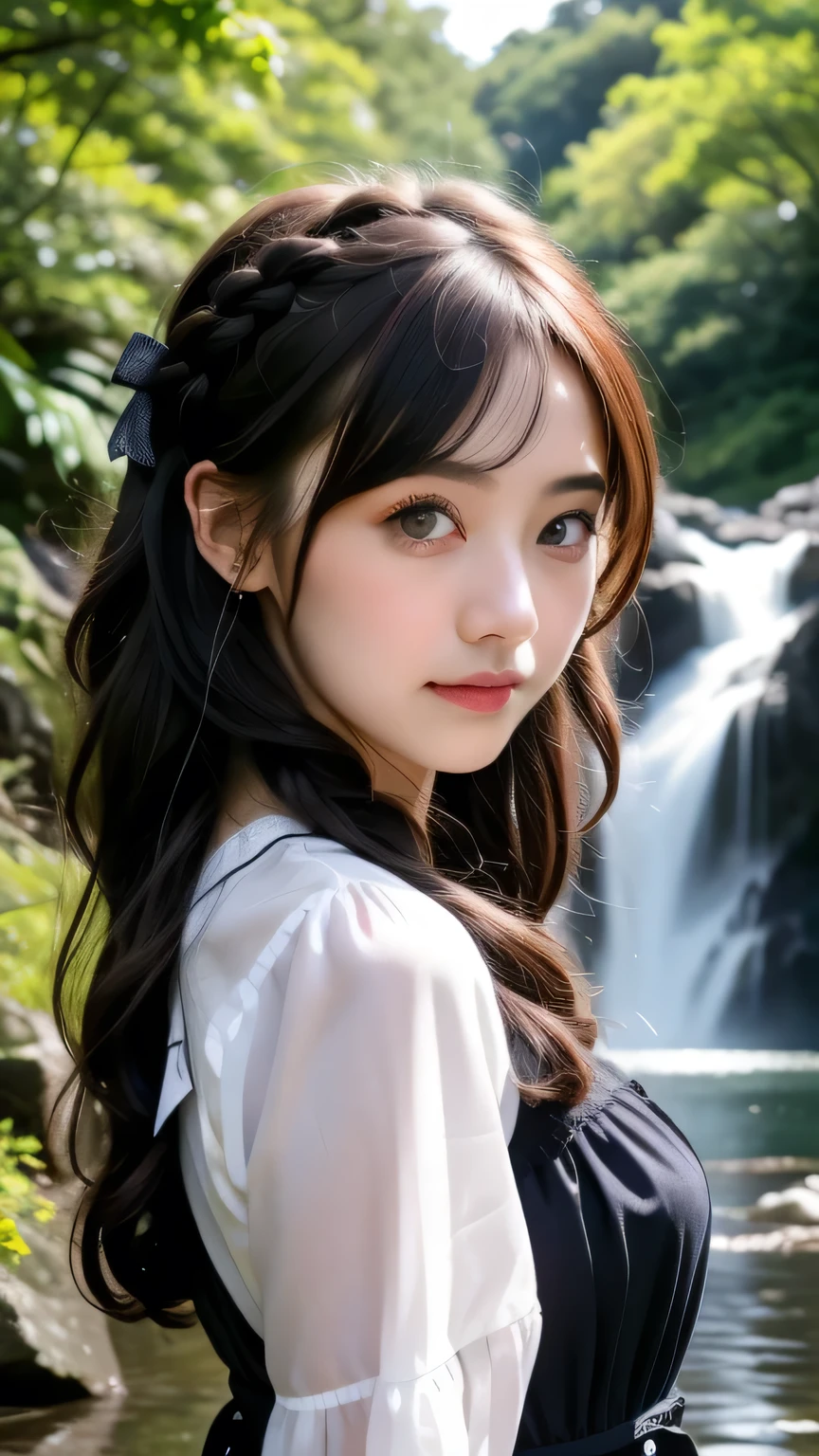 Beautiful woman with red hair and bright dark eyes, Wear elegant clothes, Complex details, moderate, watercolor, splash､Gothic Lolita, Upper Body, RAW Photos, Realistic, 4K/8K clear photo of a woman standing in front of a forest and a large waterfall, (Upper Bodyのポートレート), (iris), Super detailed, detaileds, Dramatic Light, Beautiful eyes in every detail, detaileded skin, Written boundary depth, RAW Photos, Full resolution, High resolutionの肌, detailed, Sharp focus, High resolution, High quality photos, masterpiece, 最high quality, high quality, High resolution, Dark Gothic Lolita, Upper Bodyのポートレート, (Braided hair)、(Body Orientation_random)