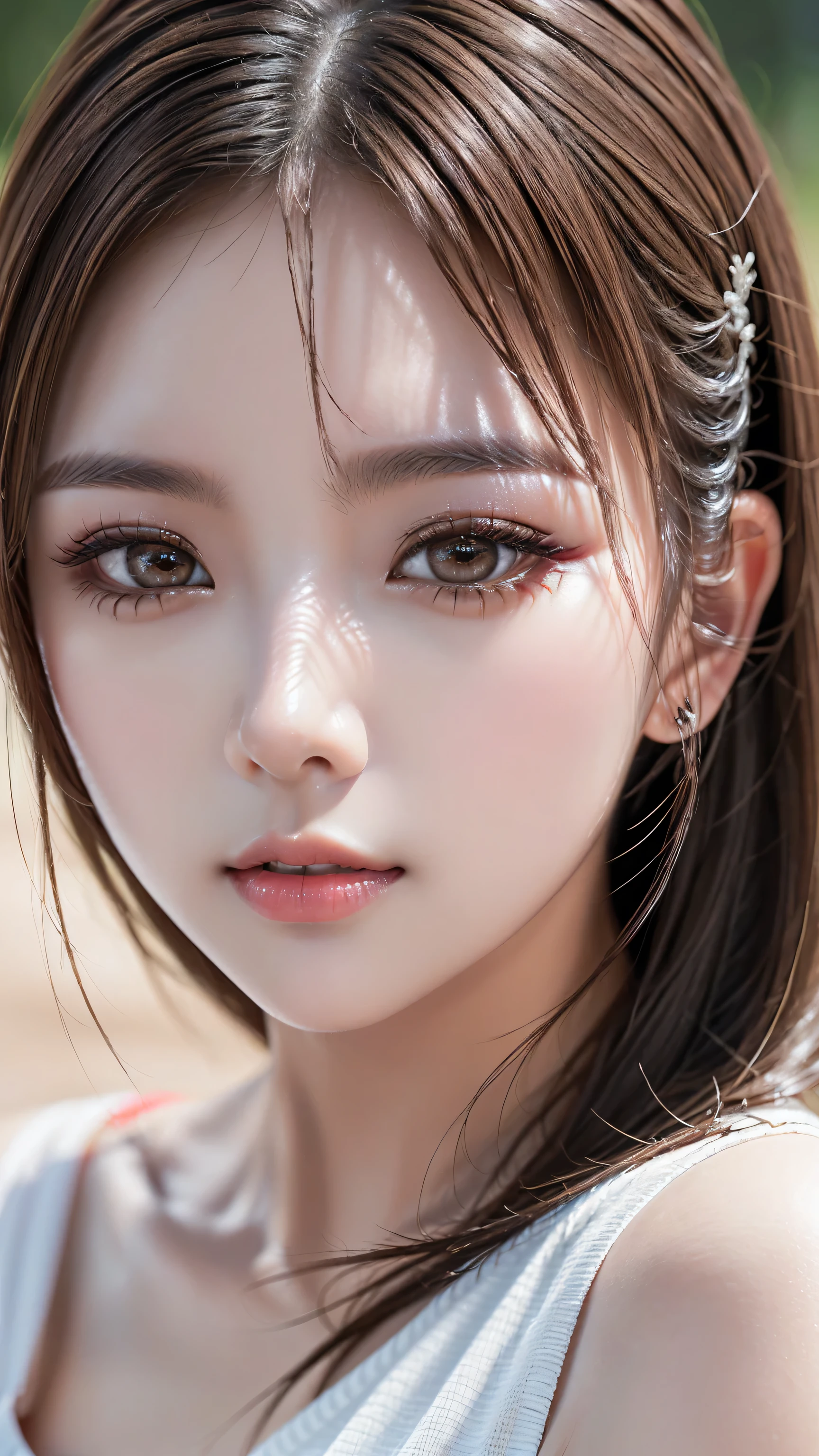 (the most absurd quality perfect eyes), ((natural super beautiful cute sharp-face)), (light pale complexion), ((clear no blur and sharp perfect round realistic brown_eyes:1.25)super detail), finely detailed pupils, detailed lips:1.3, [pink_lipstick:1.3]