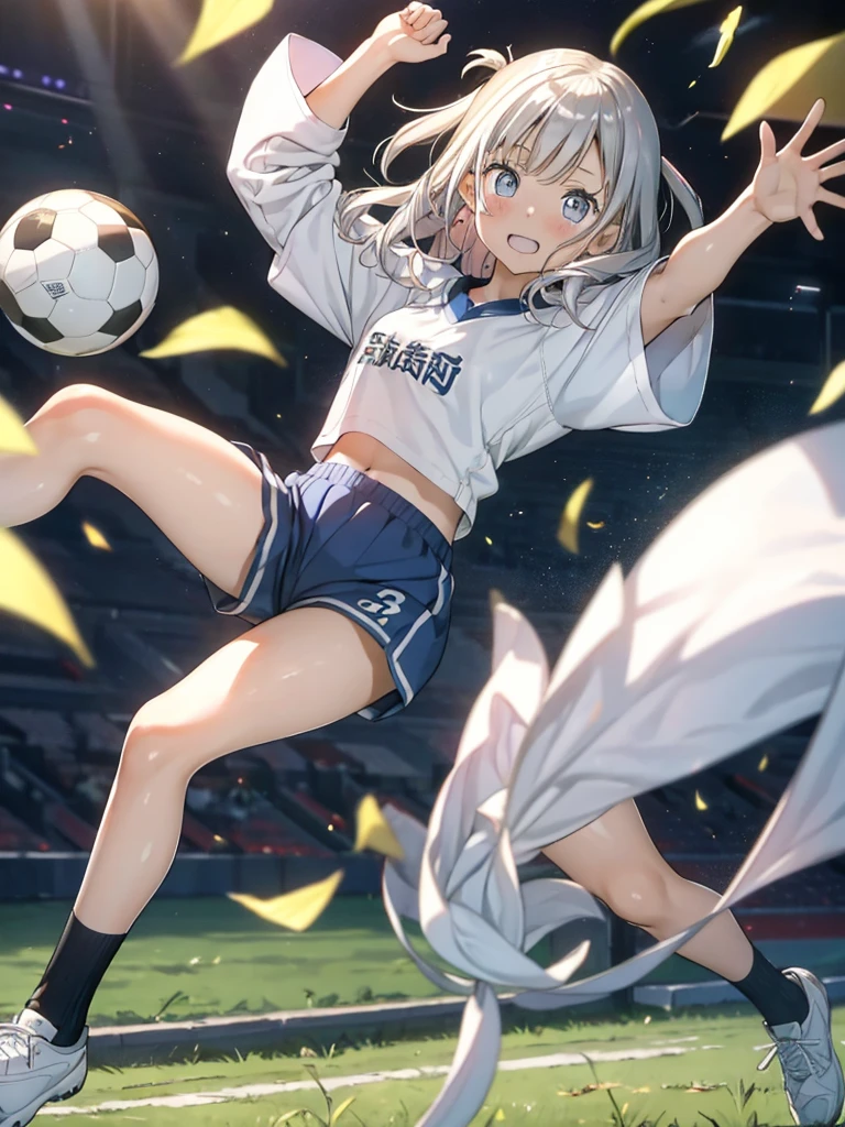 8K，１People Girls，highest quality，Shortcuts，Disheveled Hair，high school girl，Wearing a soccer uniform，Armpits visible through sleeves，Pants are short，I can see your pants，Playing soccer，Kicking a soccer ball，Eight teeth are visible