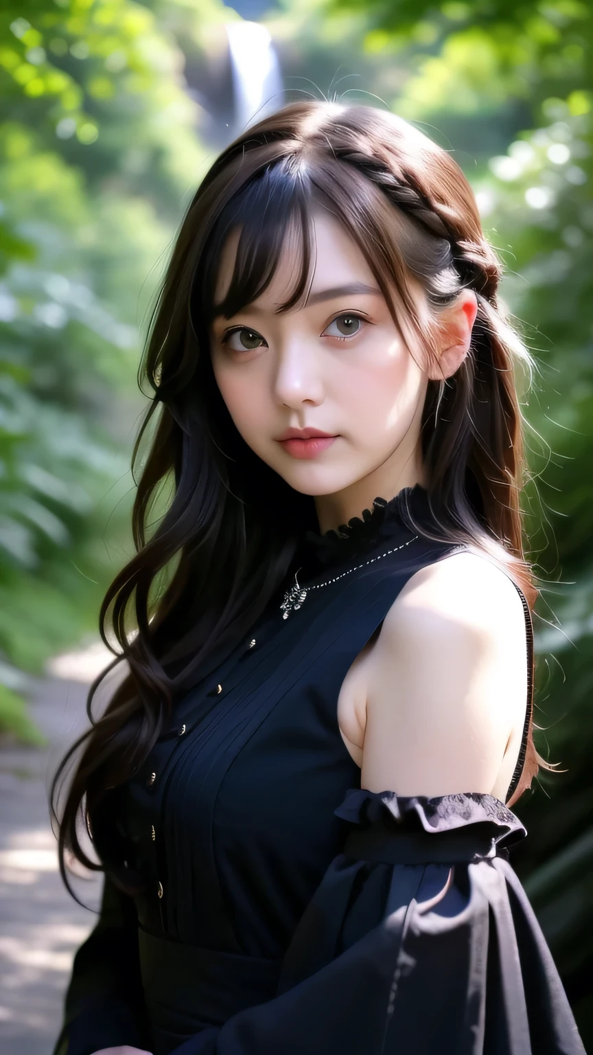 Beautiful woman with red hair and bright dark eyes, Wear elegant clothes, Complex details, moderate, watercolor, splash､Gothic Lolita, Upper Body, RAW Photos, Realistic, 4K/8K clear photo of a woman standing in front of a forest and a large waterfall, (Upper Bodyのポートレート), (iris), Super detailed, detaileds, Dramatic Light, Beautiful eyes in every detail, detaileded skin, Written boundary depth, RAW Photos, Full resolution, High resolutionの肌, detailed, Sharp focus, High resolution, High quality photos, masterpiece, 最high quality, high quality, High resolution, Dark Gothic Lolita, Upper Bodyのポートレート, (Braided hair)、(Body Orientation_random)