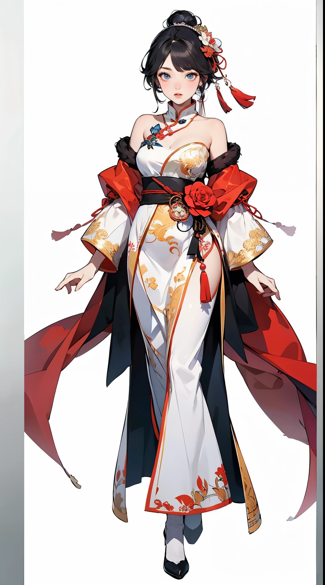 1 female(Pretty Face),Unique,Full body standing,Solitary,Bare shoulders,Transparent Background,China costume,High Detail,Color Grade,White background,Ultra-high resolution,Clear focus,HD,8K,Clear facial features,Clear the details,beautiful eyes,Pretty Face
