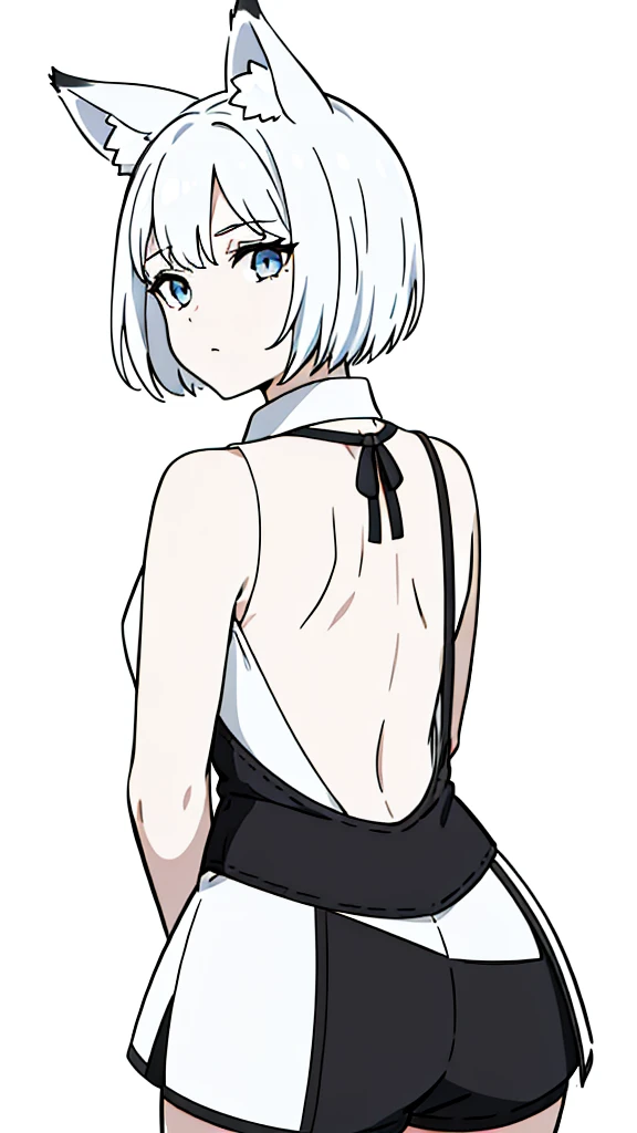 (1girl,8 years old),solo,,white hair,short hair,fox ears,white shirt,sleeveless,black shorts,(white background,line drawing),(from back)