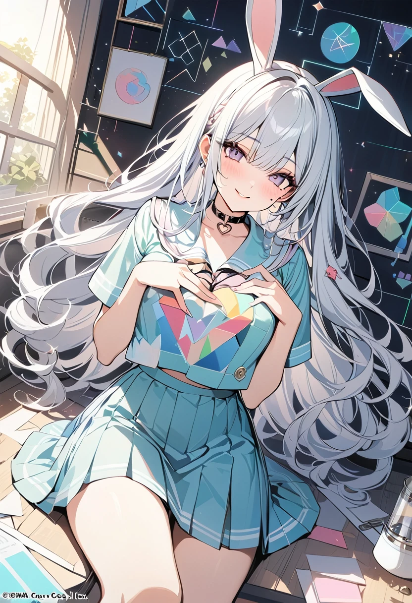 ,beautiful flower々),Mole under the eye, Heart-shaped choker, (masterpiece, highest quality), Official Art, beautifully、aesthetic: 1.2), (1 girl), Very detailed, (Geometry Art: 1.3), colorful、White long hair、Bunny ears、 whole body、smile、University Uniforms