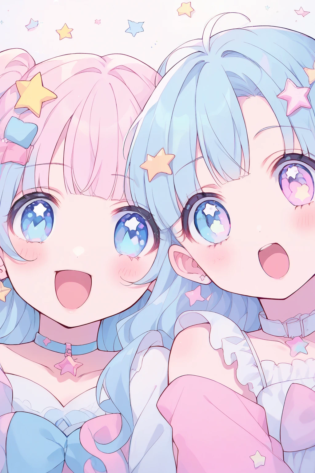 neondskdrmsxl, score_9_climb, score_8_climb, score_7_climb, score_6_climb, 2 girls, alone, pastel colors, open mouth, long hair, star , (mark), star hair accessories, hair accessories, Twintail, Look at the viewer., blue eyes, pastel neon lighting, source_anime, neon, neon theme , bright pastel color background, margin, beautiful, cute, anime, 2 cute girls