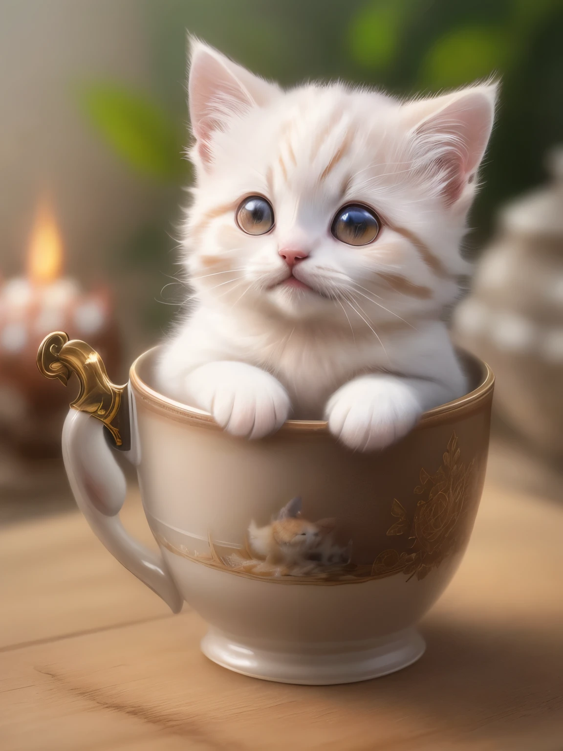 (highest quality,4K,8k,High resolution,masterpiece:1.2),Super detailed,(Realistic,Realistic,Photorealistic:1.37),Sculpture:1.37,Northern,South,Multiverse,Diverse landscapes,Natural Beauty,Ceramic craftsmanship,Glassy Surfaces,Cute tea cup((Mixed breed white and brown kitten))、Flickering flames,Art Gallery