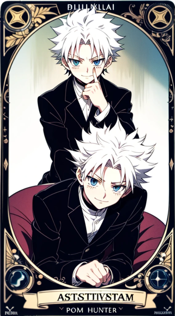 Tarot Cardajor arcana、Positive position、All 22 Cards、22 divisionasterpiece、realisitic
Killua Zoldyck from the anime " Hunterxhunter
1male, kilua zodyak in anime hunter x hunter, short hair , white hair, blue eyes, handsome, black clothes, smile,