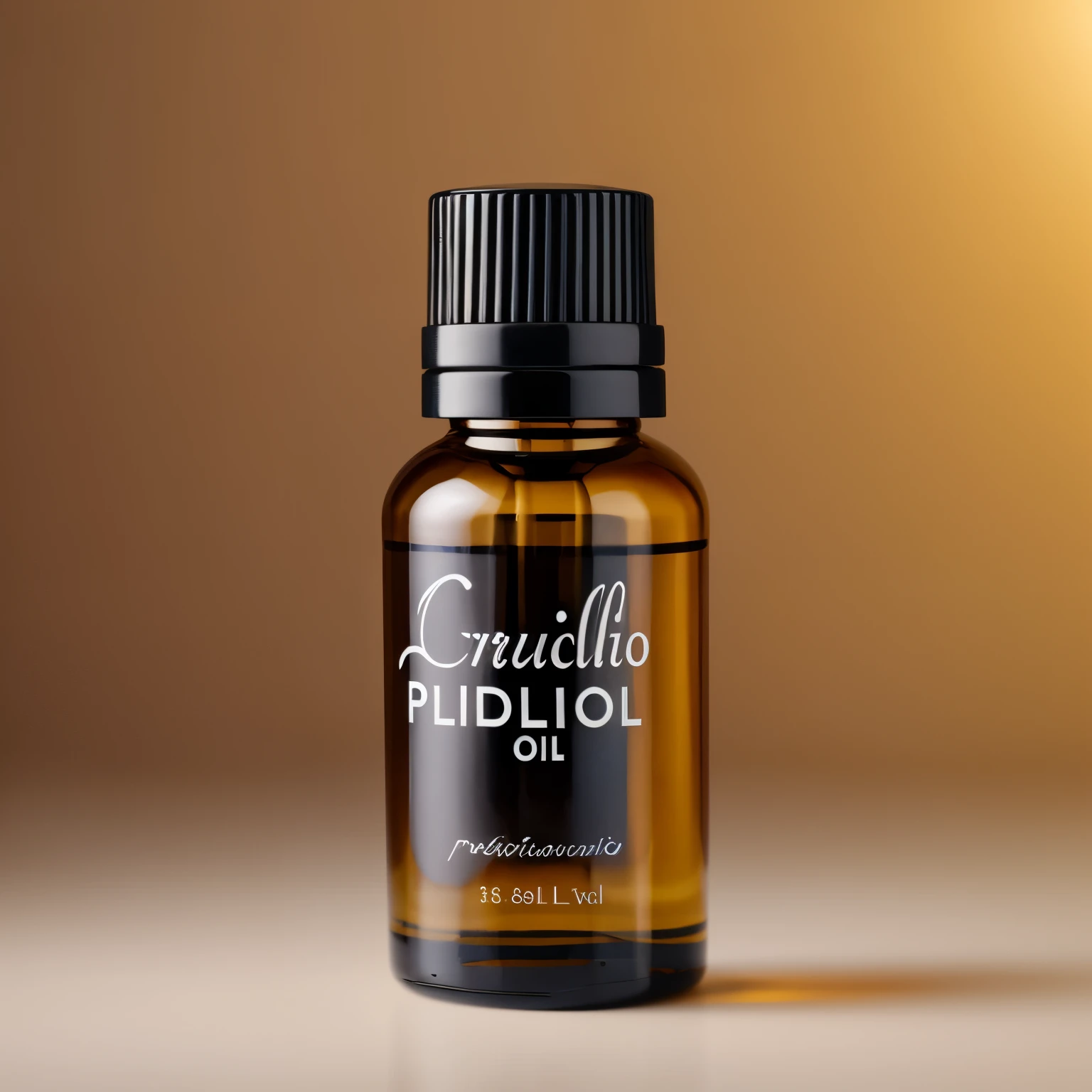 photorealistic product photography, studio lighting, showcasing Premium Essential oil bottle, black lid, many, masterpiece, best quality, minimalist.