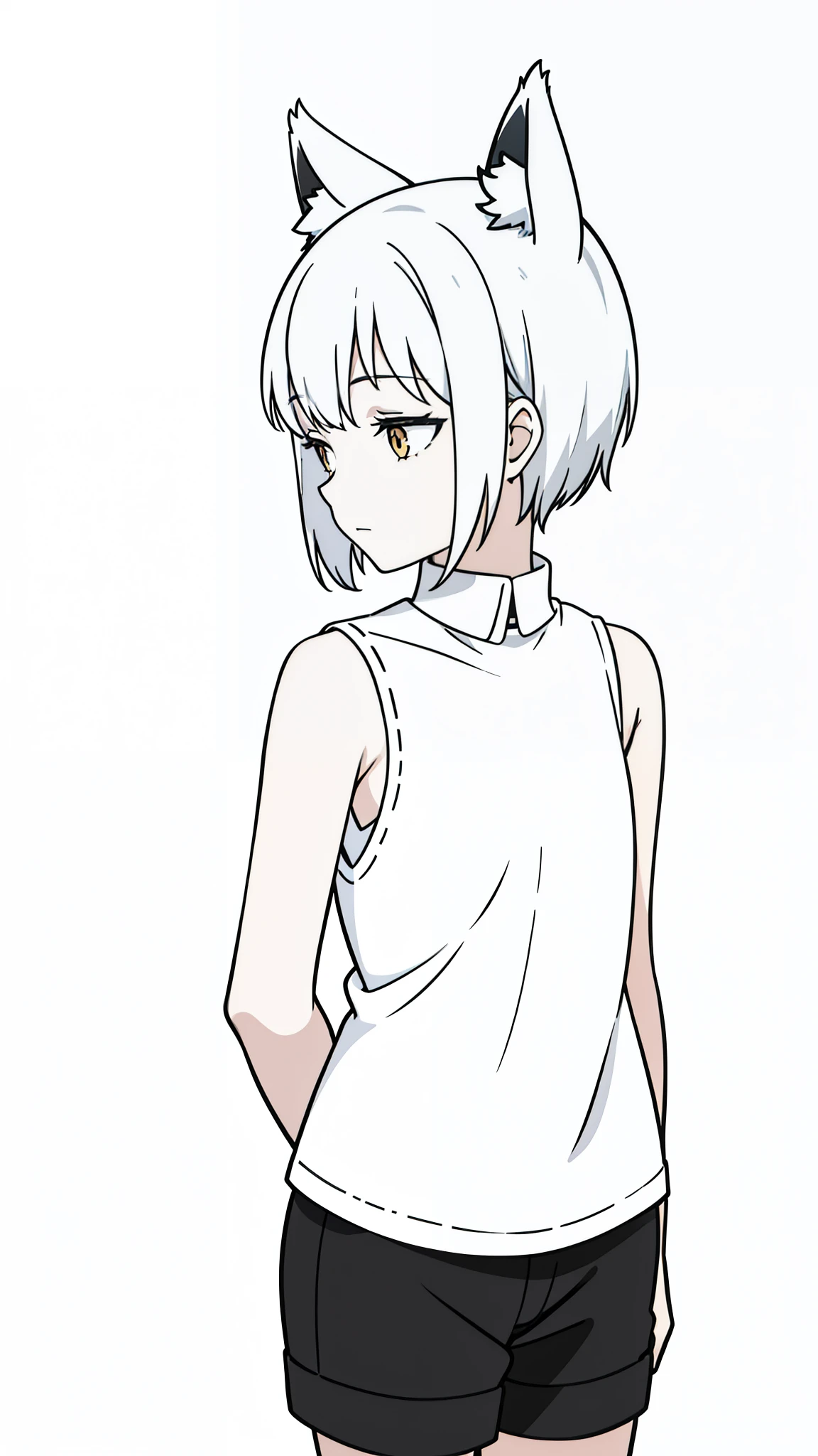 (1girl,),solo,sleeping,,white hair,short hair,fox ears,white shirt,sleeveless,black shorts,cowboy shot,(white background,line drawing),from back