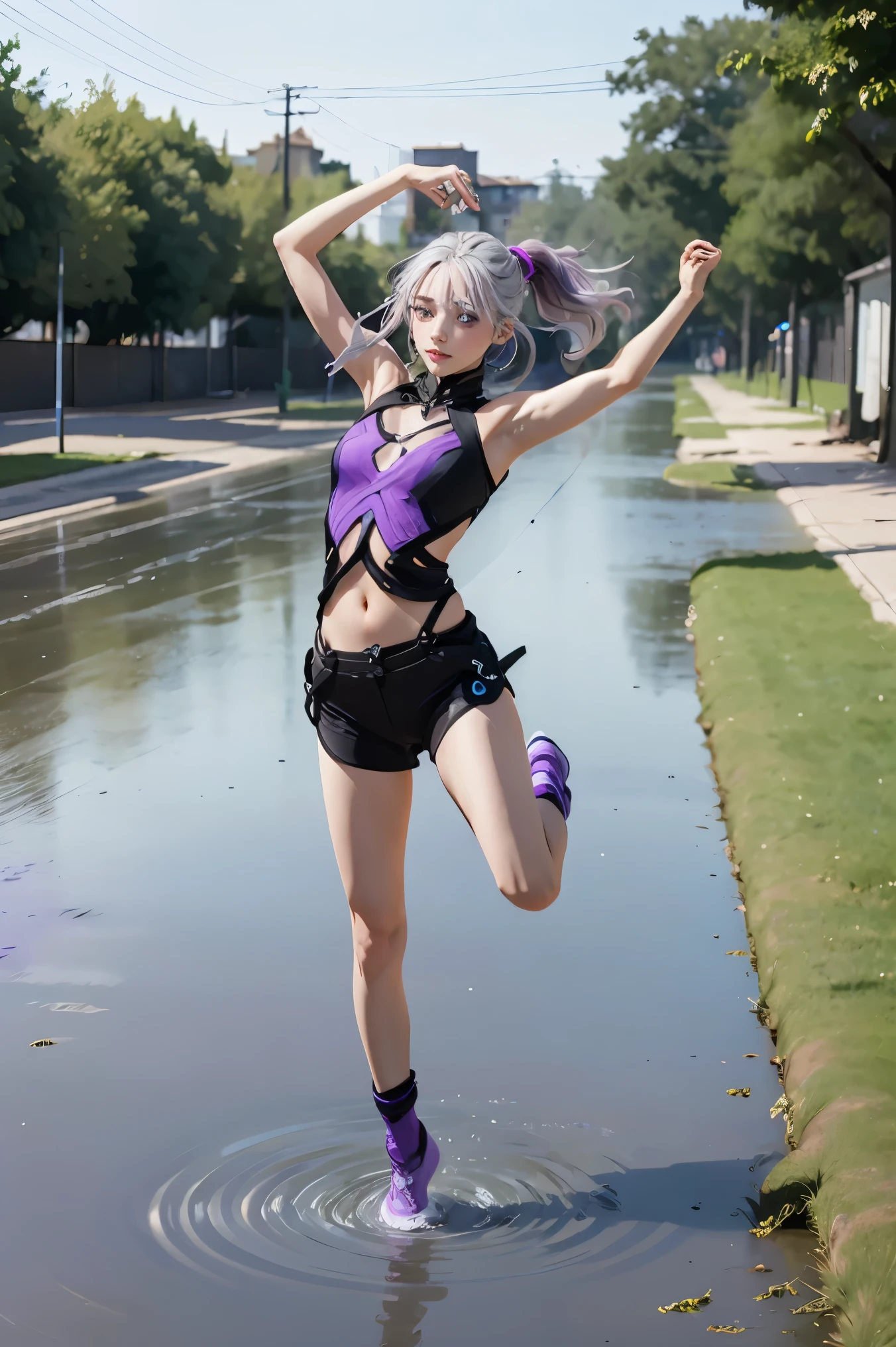 a girl, with grey hair with purple tip, purple eyes, long ponytail, jumping on the puddle, multicolored hair, white hair, depth of field, perspective, perspective, UHD, masterpiece, ccurate, anatomically correct, high quality, best quality, super detail