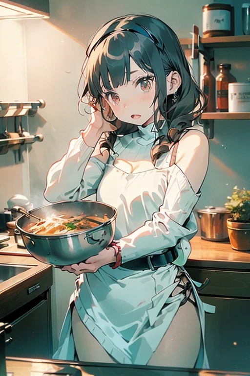 masterpiece, yor, 1girl, Bust A Cup, Amazing :1.0, thin waist, big ass, Rai sexy, smalleast: 1.2 poeavage:1.2、solo, lt viewer, o mouth, have a cute grass of cute beergrass,black hair, red eyes, dress, bare shoulders, jewelry, collarbone, sidelocks, hairband, earrings, indoors, off shoulder, :o, sweater, arms behind back, plant, short hair with long locks, white hairband, off-shoulder dress, sweater dress, off-shoulder sweater, red sweater, big side hair, very long side hair,is rendered in (masterpiece: 1.2, best quality), with (ultra high resolution) and an exquisite (depth of field). This masterpiece is not only visually stunning but also tells,A scene of cooking in the kitchen
