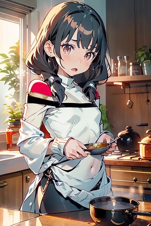 masterpiece, yor, 1girl, Bust A Cup, Amazing Cleavage:1.0, thin waist, big ass, Raised sexy, small breast: 1.2 posed cleavage:1.2、solo, looking at viewer, open mouth, have a cute grass of cute beergrass,black hair, red eyes, dress, bare shoulders, jewelry, collarbone, sidelocks, hairband, earrings, indoors, off shoulder, :o, sweater, arms behind back, plant, short hair with long locks, white hairband, off-shoulder dress, sweater dress, off-shoulder sweater, red sweater, big side hair, very long side hair,is rendered in (masterpiece: 1.2, best quality), with (ultra high resolution) and an exquisite (depth of field). This masterpiece is not only visually stunning but also tells,A scene of cooking in the kitchen