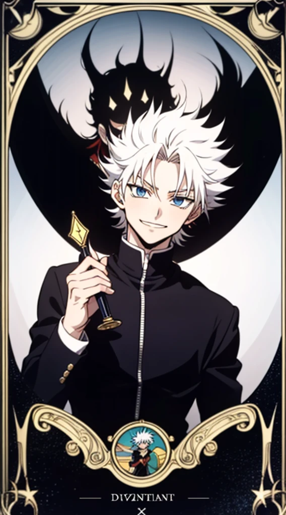 Tarot Cardajor arcana、Positive position、All 22 Cards、22 divisionasterpiece、realisitic
Killua Zoldyck from the anime " Hunterxhunter
 short hair , white hair, blue eyes, handsome, black clothes, smile,