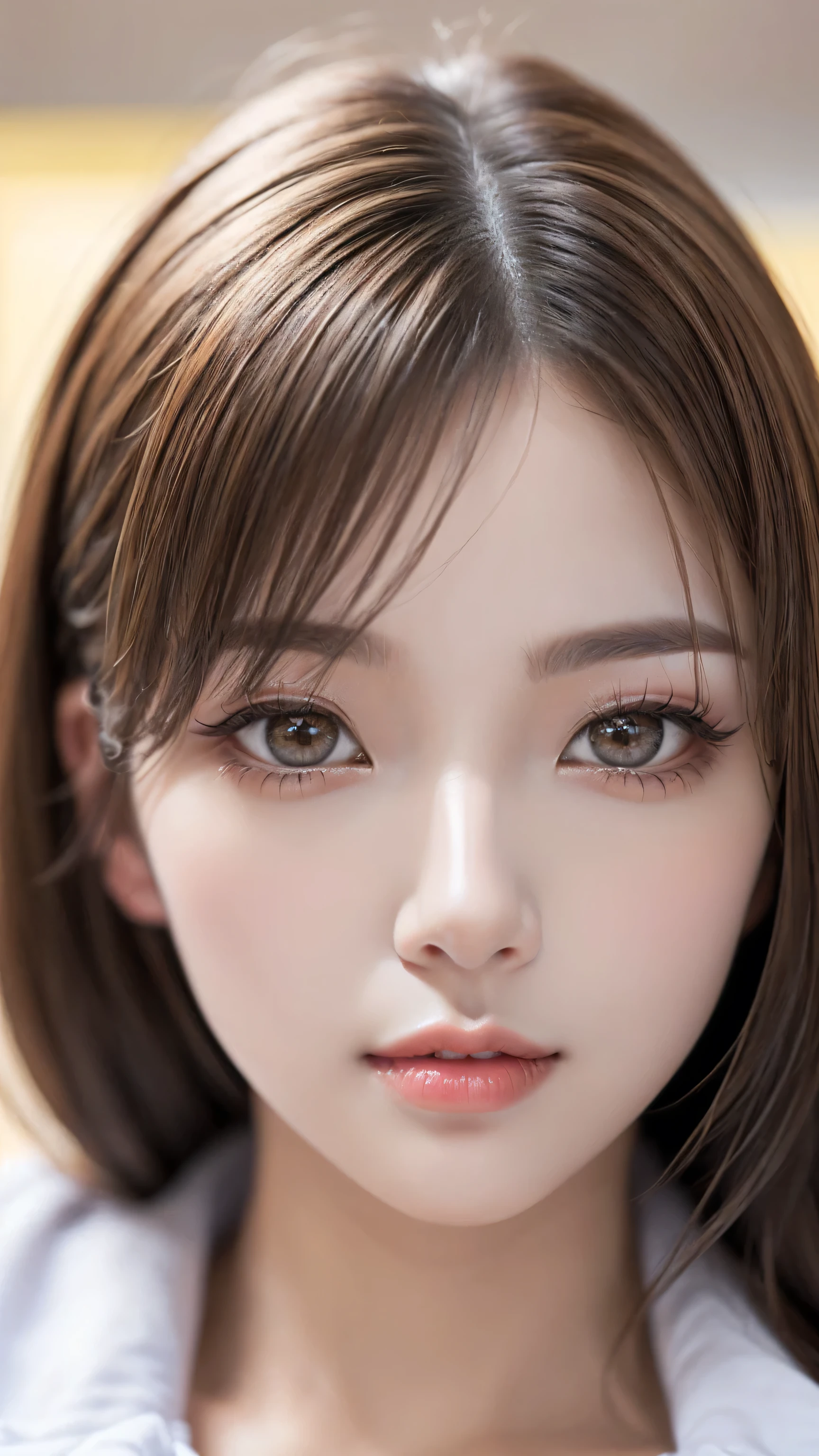 (the most absurd quality perfect eyes), ((natural super beautiful cute sharp-face)), (light pale complexion), ((clear no blur and sharp perfect round realistic brown_eyes:1.25)super detail), finely detailed pupils, detailed lips:1.3, [pink_lipstick:1.3]