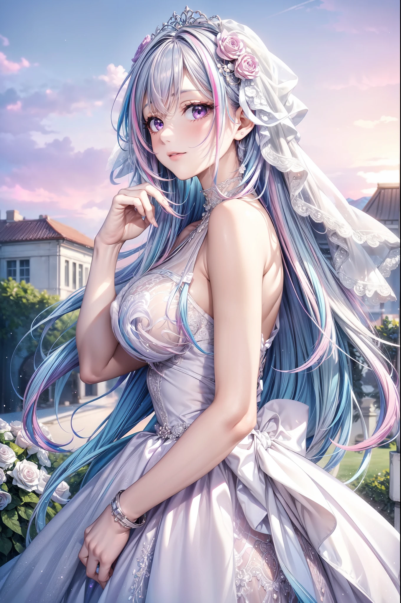 (masterpiece, best quality, beautiful and aesthetic:1.3), look back, side view, 1girl, solo, light smile, (Silver blue hair streaked pink purple:1.4), (Gradient sky blue hair ends:1.6), hair strand, absurdly long hair, single sidelock, wavy hair, shiny hair, floating hair, (deep purple eyes), delicate eyes, aqua eyes, super high detailed eyes, long upper eyelashes, makeup, Focus on face, Very detailed facial, Pretty Face, Perfect breasts, hot body, (Delicate skin texture:1.2), bridal veil, lace-trimmed dress, see-through, wedding dress, outdoors, white roses, garden, morning, standing, extreme detailed,