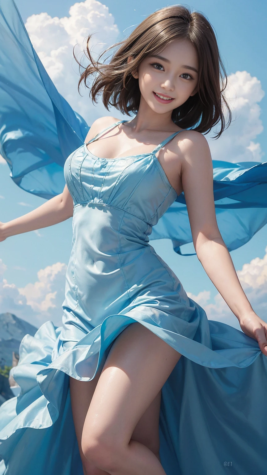 ((highest quality, 8,000 people, masterpiece:1.3)), 27 year old sexy woman、concentrated: 1.2, B West, Perfect body beauty: 1.4, ((Layered Haircut:1.2)), (orbit), Highly detailed face and skin texture, White skin, whole body, Take a look at it, ギャップはbig., ,beautiful medium-sized breasts, smile, Beautiful Teeth, The background is blue sky with clouds breaking, (Colorful translucent dress), (Wearing a short sleeveless dress)、Layout from above the knee、(big, Round eyes and face)、What a lovely smile