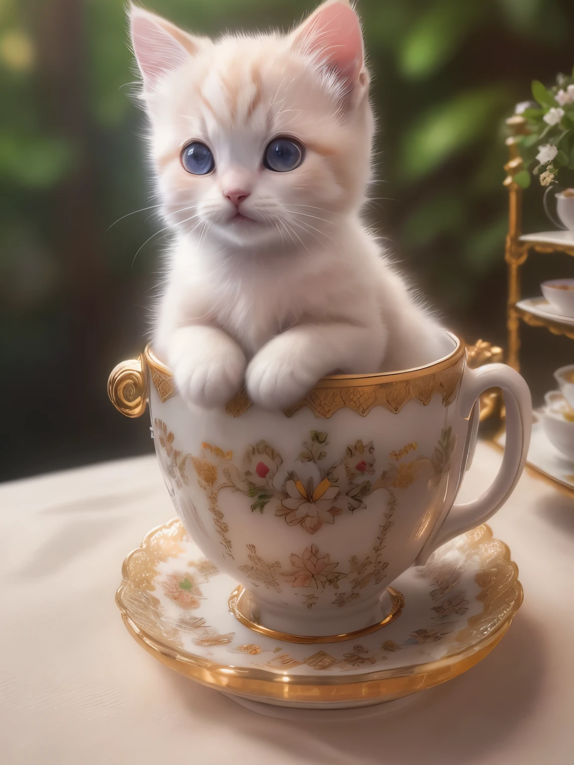 (highest quality,4K,8k,High resolution,masterpiece:1.2),Super detailed,(Realistic,Realistic,Photorealistic:1.37),Sculpture:1.37,Northern,South,Multiverse,Diverse landscapes,Natural Beauty,Ceramic craftsmanship,Glassy Surfaces,Cute tea cup((Mixed breed white and brown kitten))、Flickering flames,Art Gallery