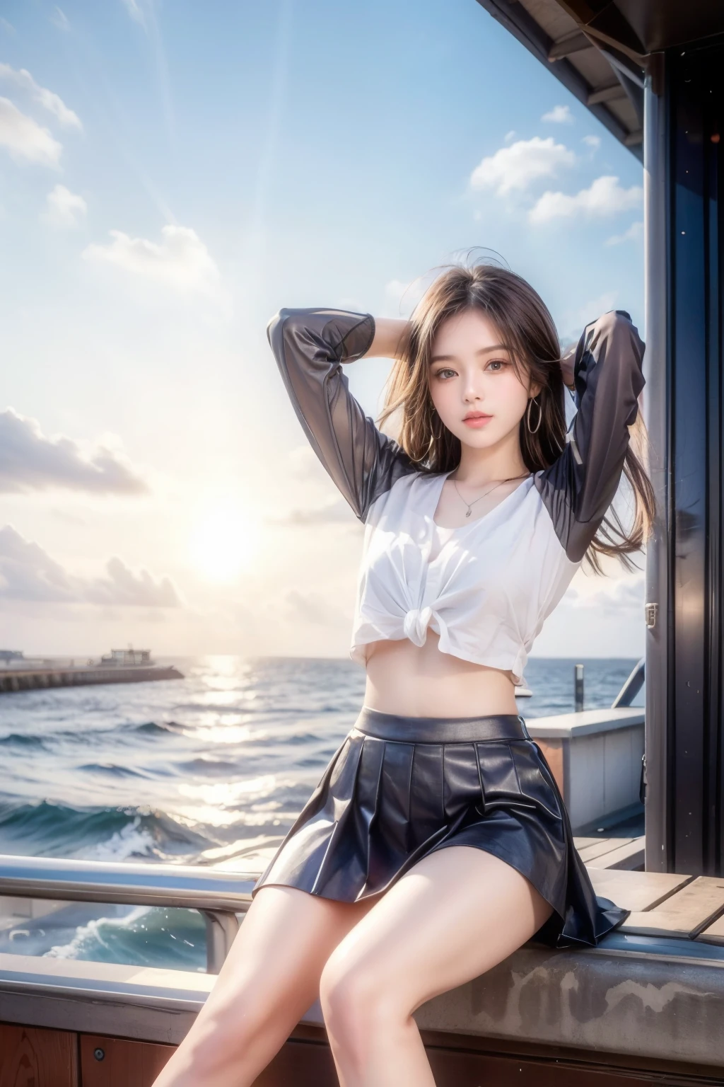 (highest quality, High resolution, masterpiece :1.3), (Shooting from below), Beautiful girl, Orange sunset sky, Sun and clouds with ocean in the background, Cute girl in . Short Bob. Short pleated skirt, Blushing, looking at the camera, Dynamic photography,Intelligent face,Bold Pose.Sitting on the embankment,arms up behind,Large firm breasts,necklace,Earrings