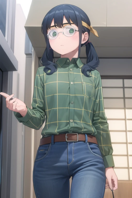 saorimakishima, saori makishima, twintails, blue hair, (green eyes:1.3),
BREAK shirt, glasses, belt, pants, headband, denim, jeans, plaid shirt, opaque glasses, (green shirt:1.2),
BREAK outdoors, city,
BREAK looking at viewer, (cowboy shot:1.5),
BREAK (masterpiece:1.2), best quality, high resolution, unity 8k wallpaper, (illustration:0.8), (beautiful detailed eyes:1.6), extremely detailed face, perfect lighting, extremely detailed CG, (perfect hands, perfect anatomy),
