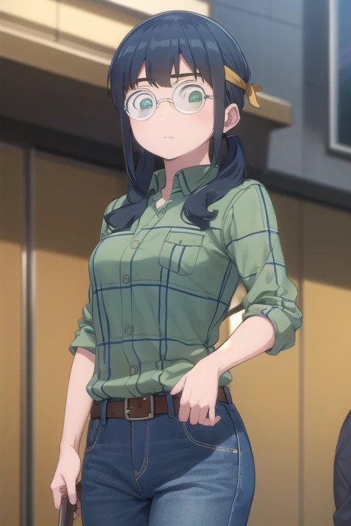 saorimakishima, saori makishima, twintails, blue hair, (green eyes:1.3),
BREAK shirt, glasses, belt, pants, headband, denim, jeans, plaid shirt, opaque glasses, (green shirt:1.2),
BREAK outdoors, city,
BREAK looking at viewer, (cowboy shot:1.5),
BREAK (masterpiece:1.2), best quality, high resolution, unity 8k wallpaper, (illustration:0.8), (beautiful detailed eyes:1.6), extremely detailed face, perfect lighting, extremely detailed CG, (perfect hands, perfect anatomy),