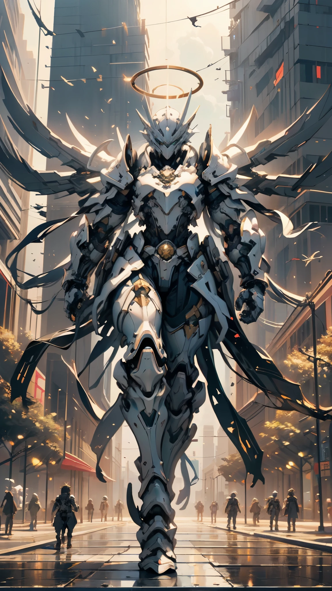 A man wearing a full-face helmet, a fantasy-style biotech armored combat suit, green eyes, (a composite layered chest armor), fully enclosed shoulder guards, matching arm and leg guards, the belt is adorned with Halo, (the color scheme is primarily white with red and blue accents), the design balances heavy with agility, a high-tech bio-mecha armor, (Armor Concept Inspired by Angel, stand on the top of a skyscraper in a futuristic sci-fi city), this character embodies a finely crafted fantasy-surreal style armored hero in anime style, exquisite and mature manga art style, (battle damage, element, plasma, energy, the armor glows), ((male:1.5)), metallic, real texture material, dramatic, high definition, best quality, highres, ultra-detailed, ultra-fine painting, extremely delicate, professional, perfect body proportions, golden ratio, anatomically correct, symmetrical face, extremely detailed eyes and face, high quality eyes, creativity, RAW photo, UHD, 32k, Natural light, cinematic lighting, masterpiece-anatomy-perfect, masterpiece:1.5