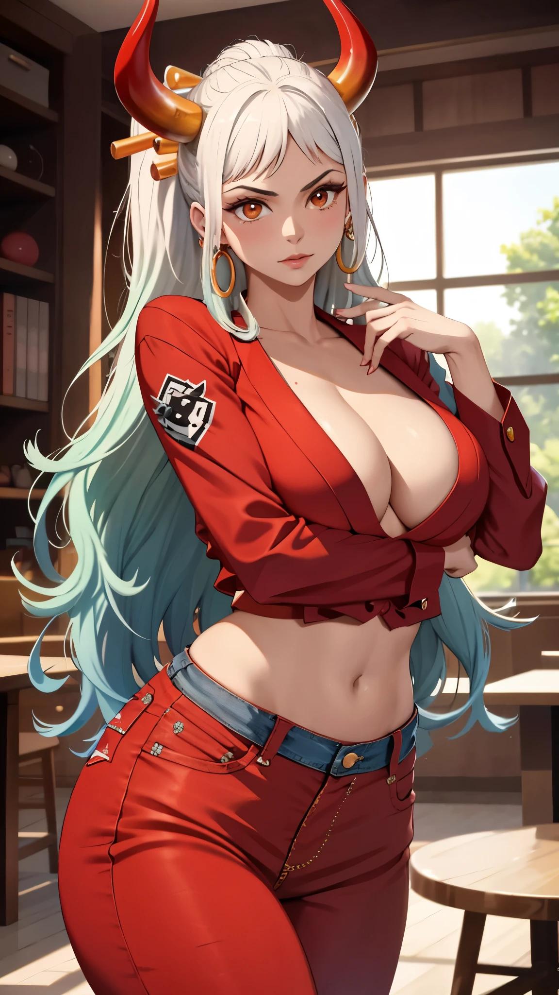 sexy, sexy outfit, Masterpiece, Best quality, 1womanl, A high resolution,  Beautiful girl ,  yamatowanpi，Large breasts，cleavage，red color blouse，denim pant，looks into camera，Raised sexy，Be red in the face