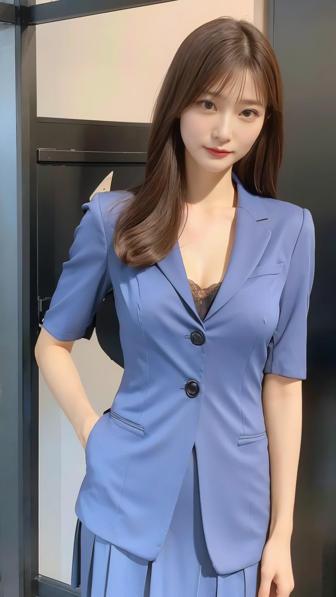 suit,2 lady,brealistic,(ultra quality:1.2),japanese,high quality,masterpiece,(ultra detailed:1.4),40yo japanese lady,beautiful face,(real bra:1.4),(skirt-suit:1.1),((office)),(small breast),slender,highres,
